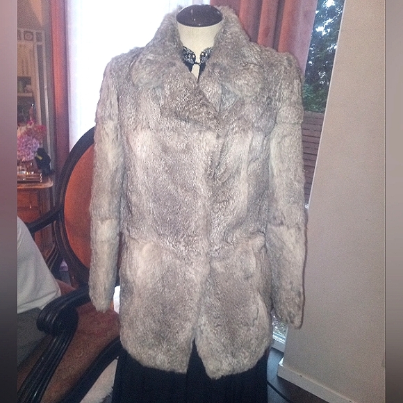 Gorgeous heather gray rabbit fur 1940s coat true vintage blue satin lining - Picture 7 of 8